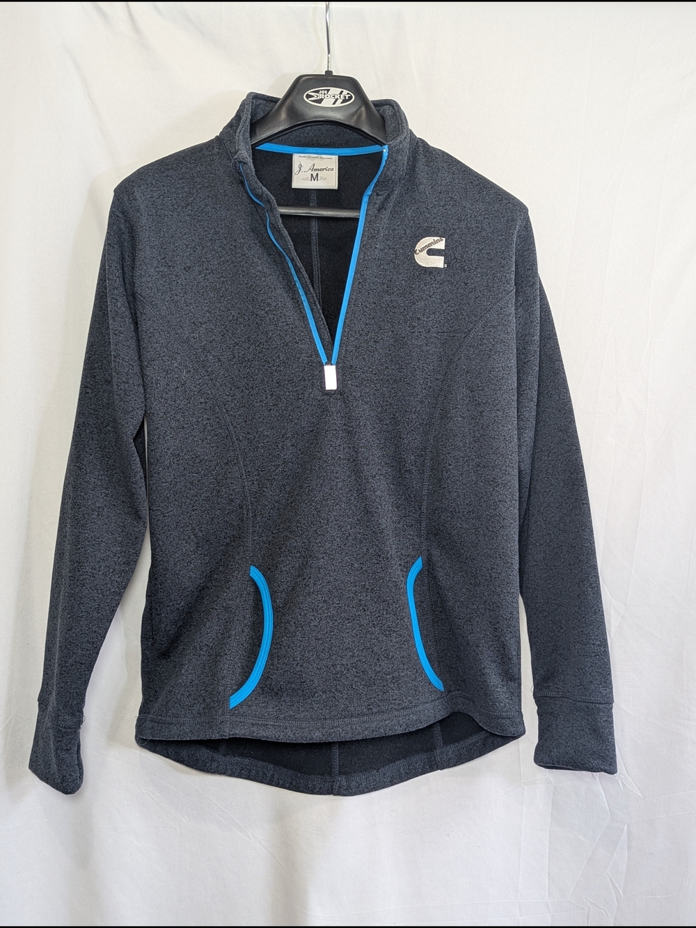 J. America Men’s M Fleece Pullover Quarter Zip Charcoal Gray Blue Trim Logo